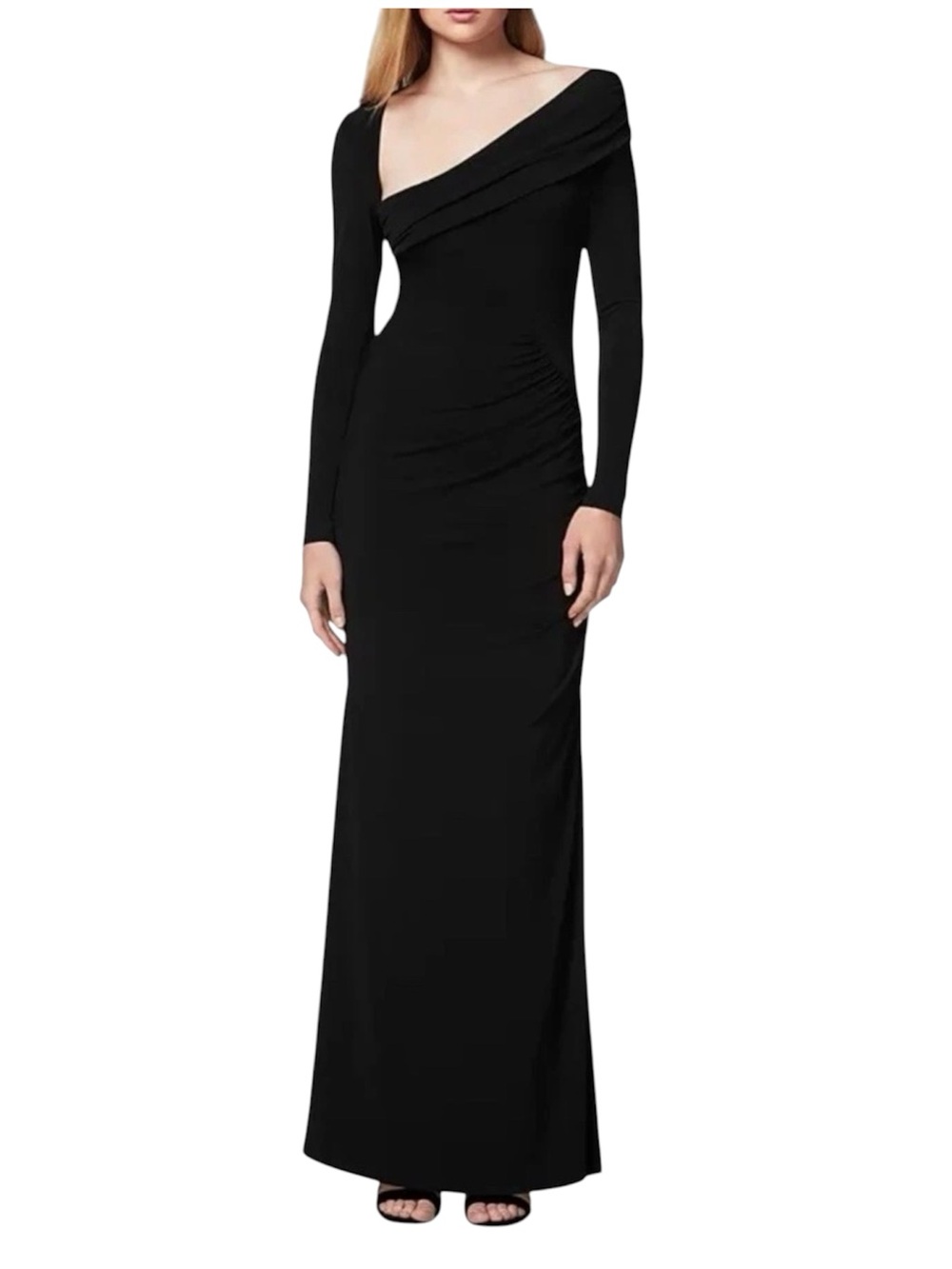 Herve Leger Paris Asymmetric Long-Sleeve Ruched Jersey Gown